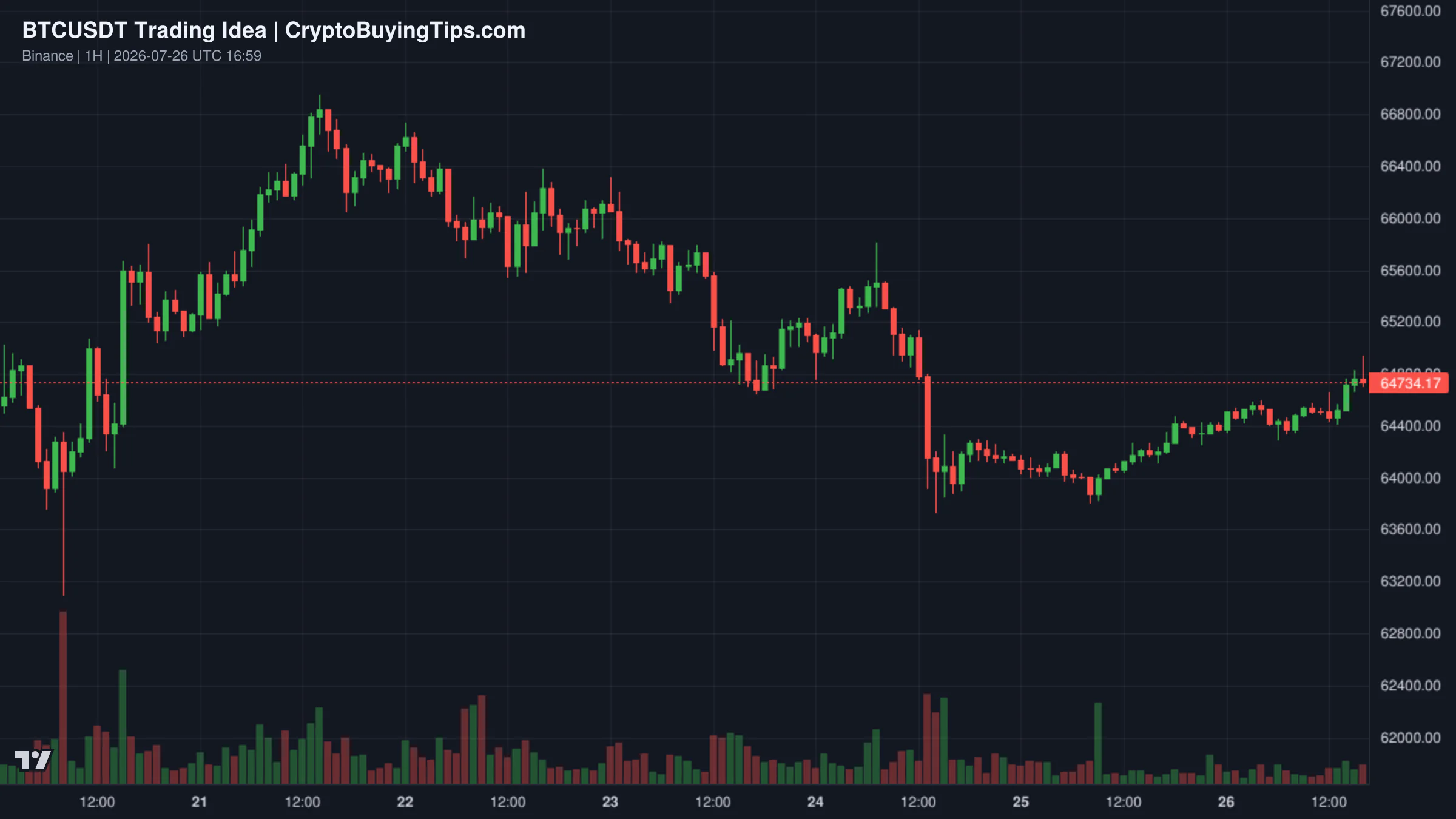 Redrawn BTCUSDT 60 trading idea chart for BTC: If BTC holds above $64,300  Could Rise Further To  $66,600
